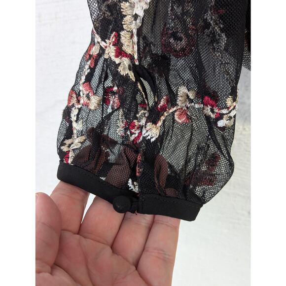 WHBM Embroidered Floral Blouse Large Black Sheer Fairy Grunge Witchy Flowy Dark - Picture 3 of 8